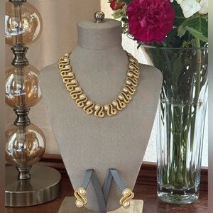 Vintage Monet Gold and Pearl Signed Necklace and Earring Set